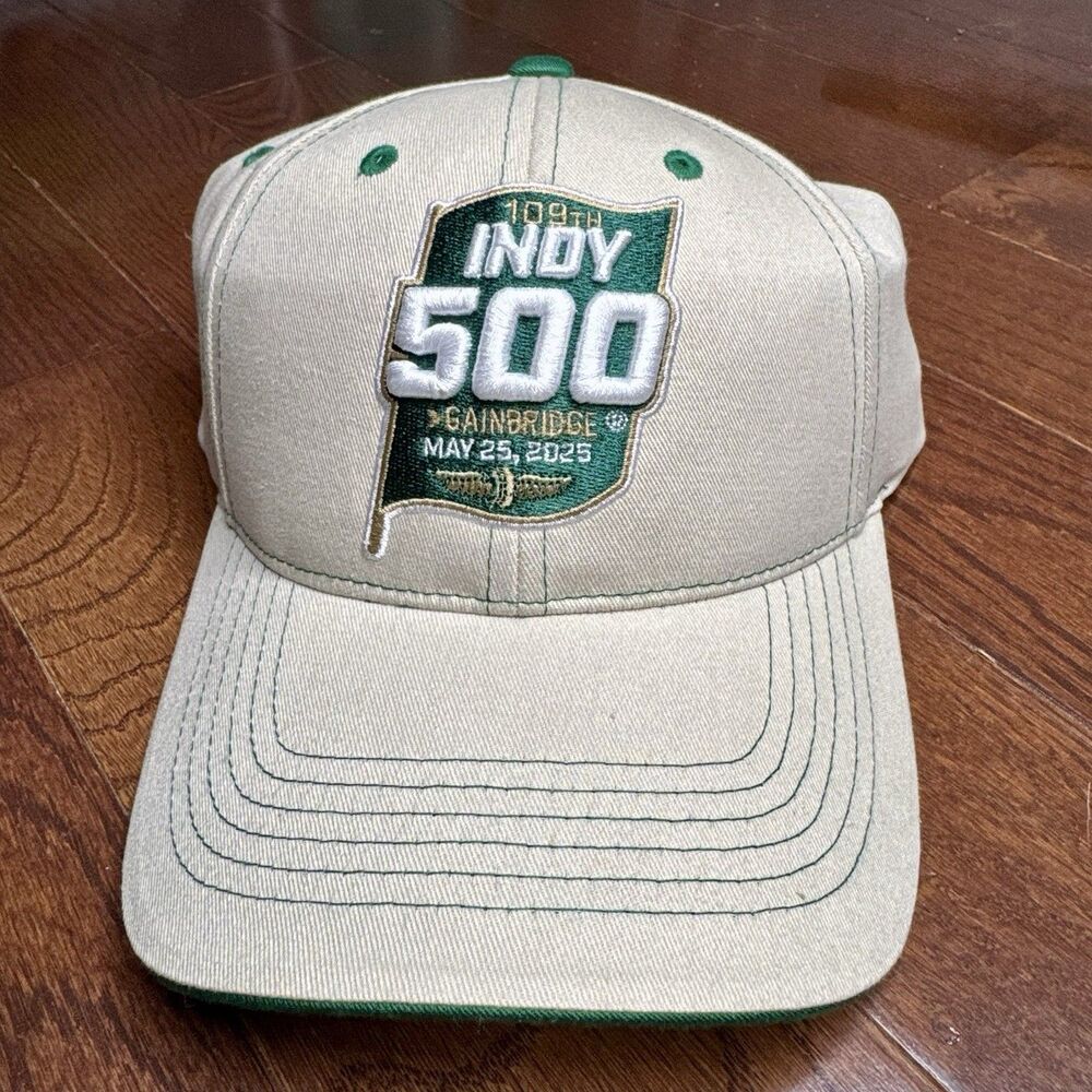 Indy 500 Race Hat Cap Beige And Green New Adjustable 2025 Indianapolis Flag Cap
